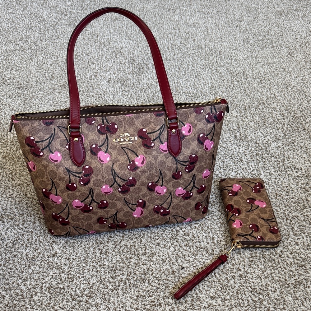 Coach Cherry Print Tote Bag in Brown and Pink